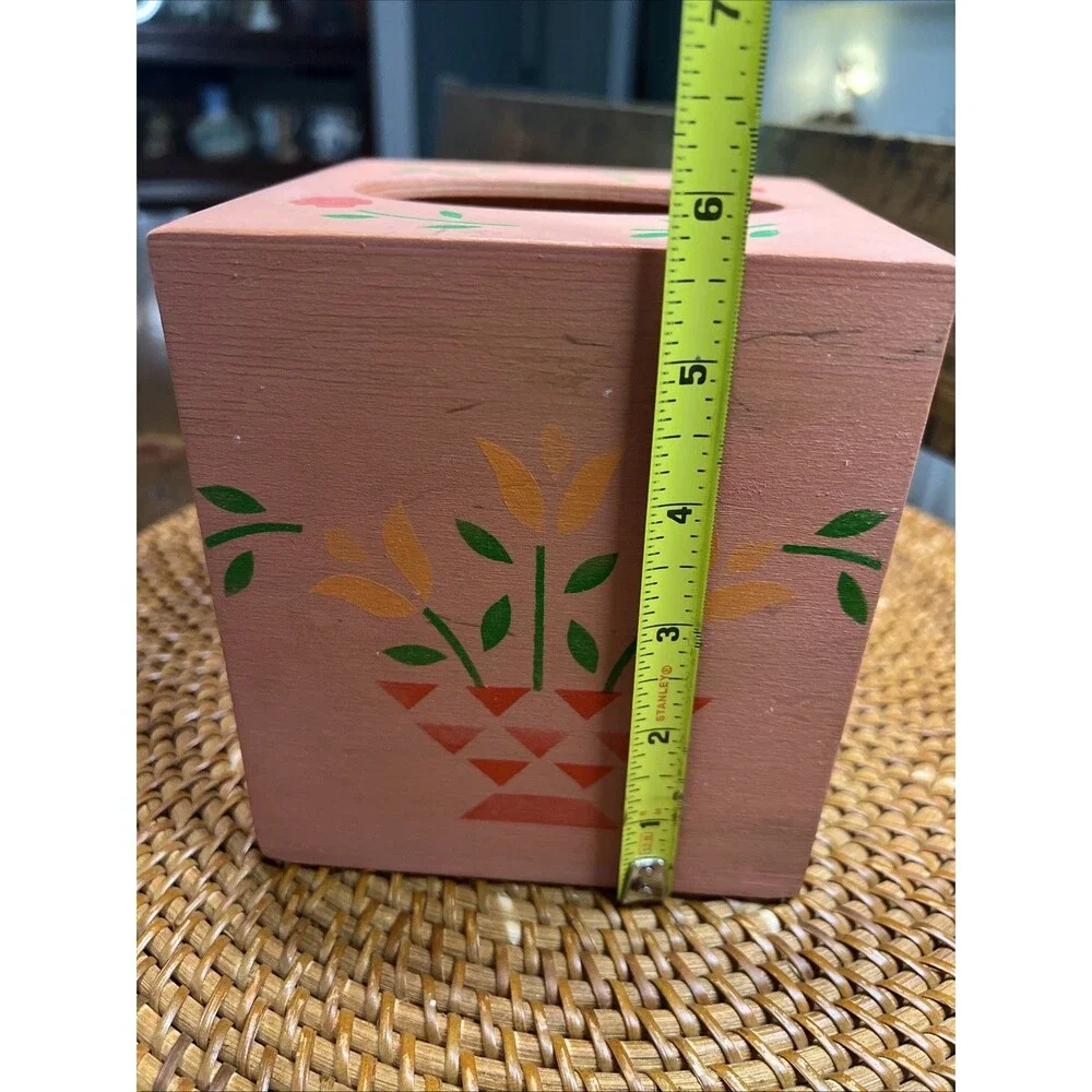 Vintage Square Wood Hand Stenciled Tissue Box Cover Primitive Flowers